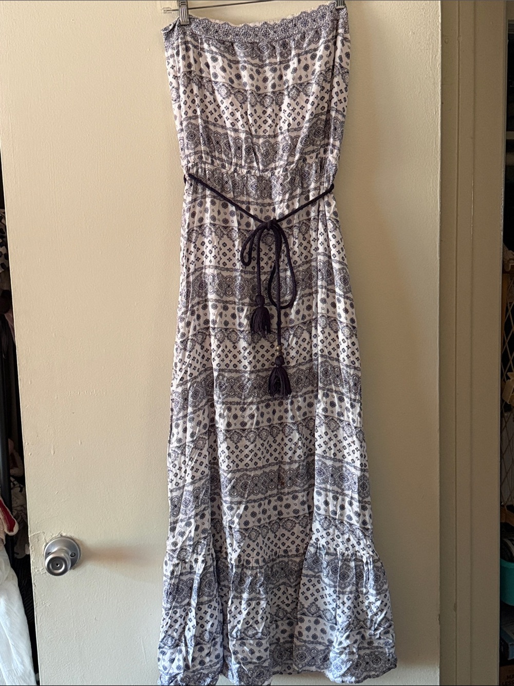 Love Culture Strapless M Maxi Dress in White and blue Print with waist tie